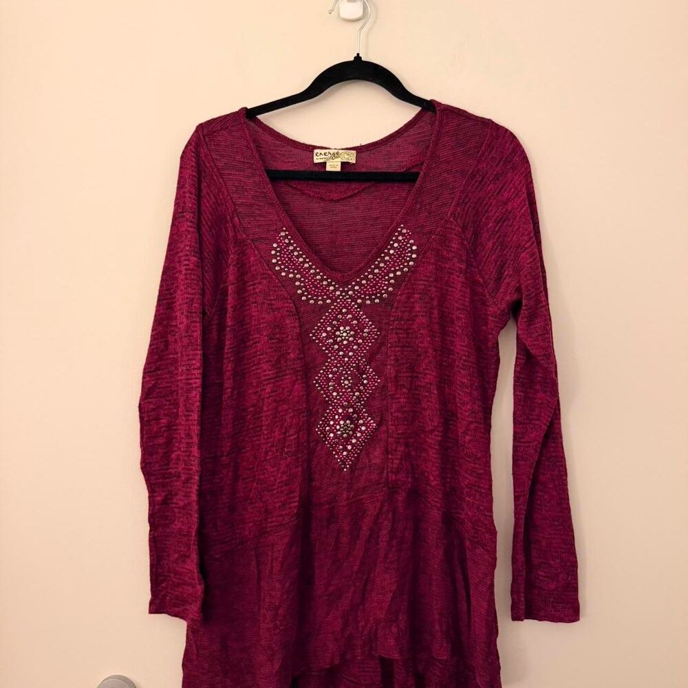 Energe by One World burgundy marled knit long sleeve top rhinestone stud embelli